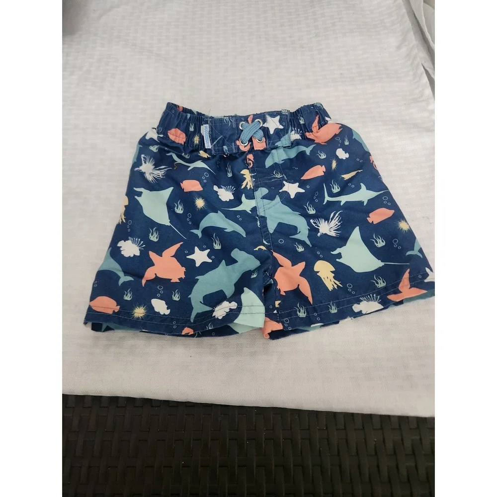 RuggedButts Boys Navy Sea Life Shark Stingray Swim Trunks Size 18-24M
